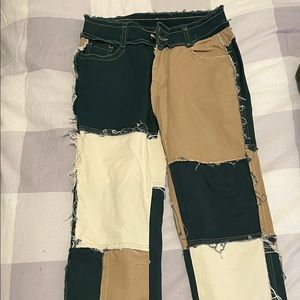 TAN / TEAL PATCHWORK PANTS